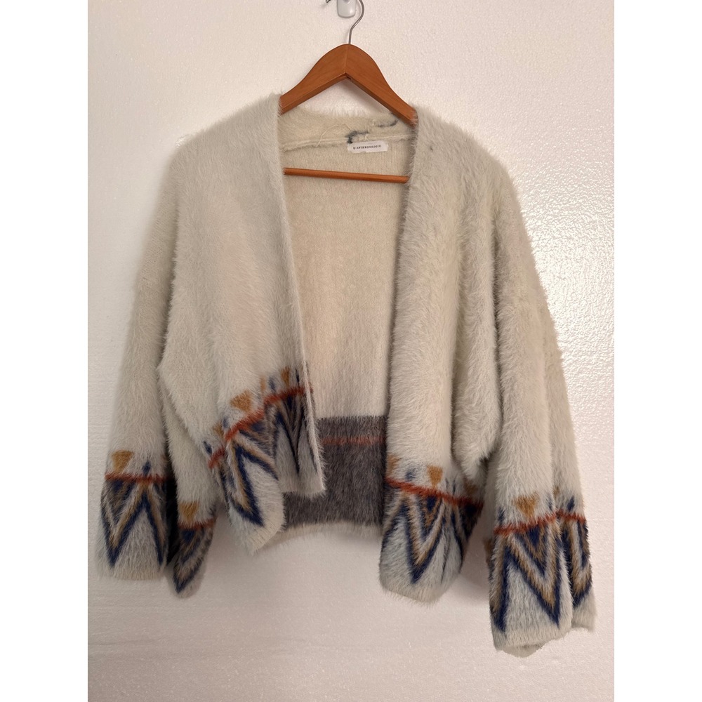 Anthropologie Fuzzy Eyelash Knit Cardigan Southwestern Geometric Open Front